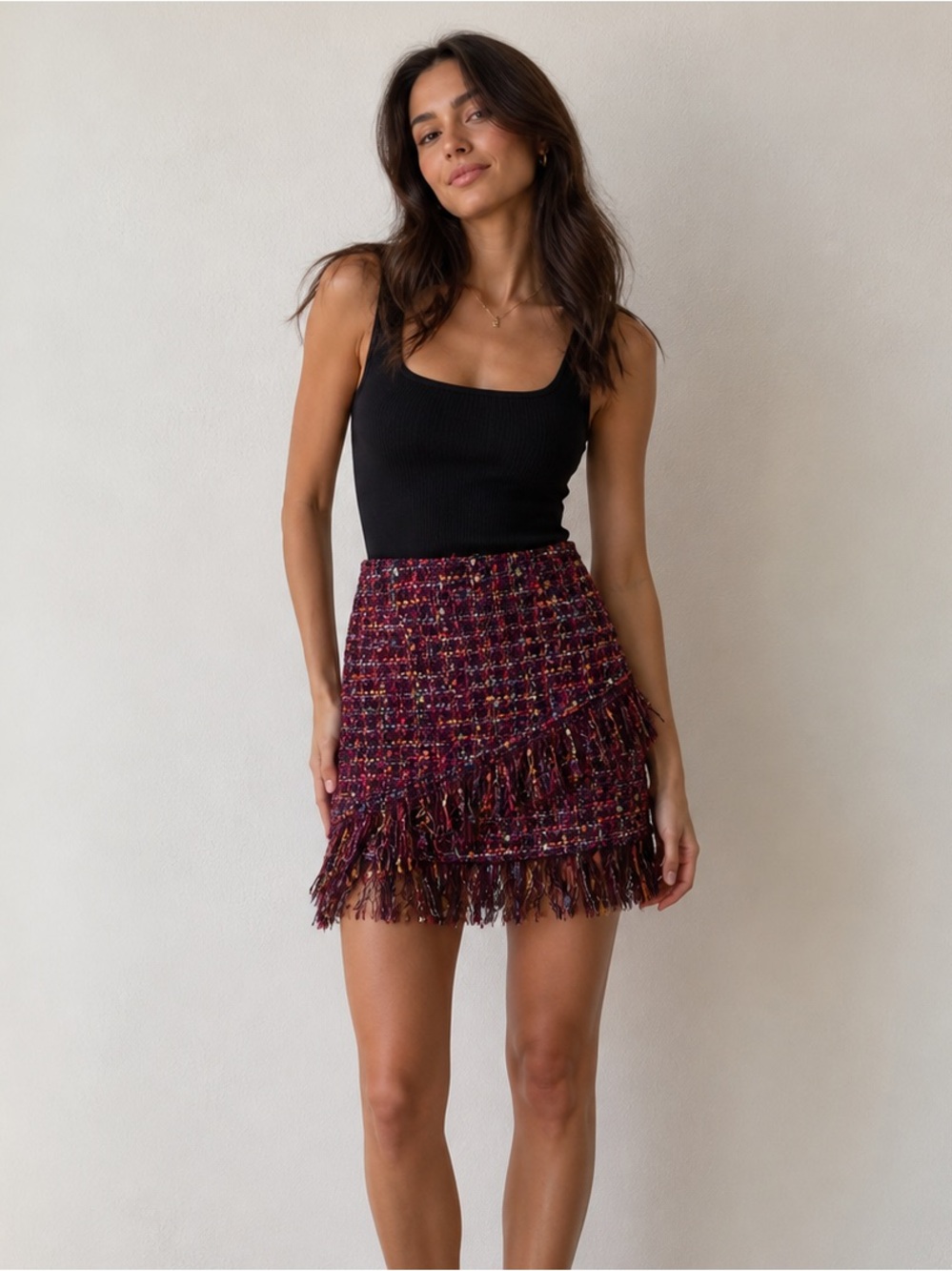 Zara Multicolor Tweed Mini Skirt with Fringe